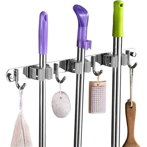 Porte Balai Mural - Accroche Balai en Acier inoxydable, Support Cintre de Rangement pour Cuisine, Buanderie, Garage (3 Emplacements et 4 Crochets,Gris ) (1/5)