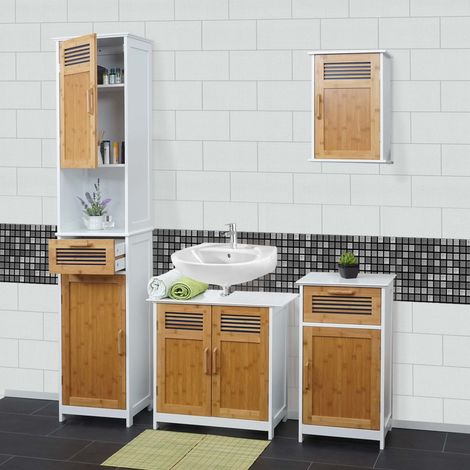 Meubles de salle de bain HWC-A85, armoire haute, meuble sous évier, armoire suspendue, commode, bambou, blanc (1/5)