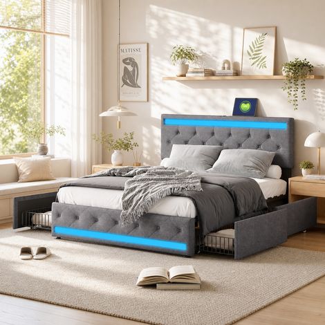 Lit double 160x200 cm, 4 tiroirs, tête de lit avec LED et USB, sommier à lattes, lin gris (1/5)