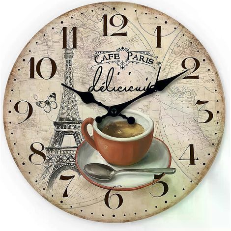 Französische Retro-Wanduhr aus Holz mit Eiffelturm-Motiv, Kaffeetasse, Wohnzimmer, Schlafzimmer, Küche, Heimdekoration, geräuschlose Quarzuhr, Geschenkidee 1 (1/4)