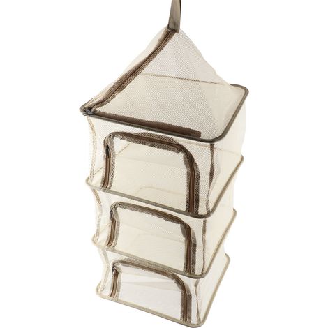 Filet de séchage à suspendre repliable 4 niveaux transportable polyvalent étendoir à maillage en tissu maille dense et fil acier pour poisson légumes couverts fruits beige 39x39x104cm avec sac (1/5)