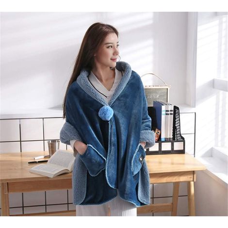 Couverture portable, châle en laine douce, bouton chaud, châle ajusté avec poche 31,5 x 71 pouces (bleu marine)