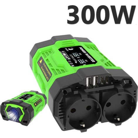300-W-Kfz-Stromwandler, 12 V Gleichstrom auf 220 V Wechselstrom, Kfz-Adapter mit 2 USB-Anschlüssen, 2 USB-C-Kfz-Adaptern und 2 Steckdosen – Crezuo