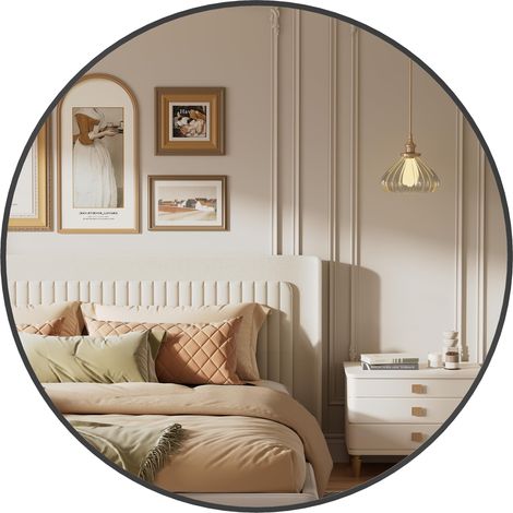 Miroir Rond, Miroir Mural, Diamètre 61 cm, Cadre en Métal, Facile à Installer, pour Salle de Bain, Salon, Chambre, Entrée, Couloir, Noir d'encre (1/5)