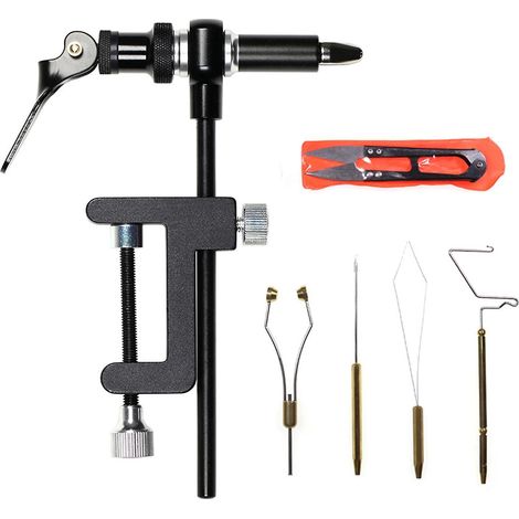 Fliegenbindewerkzeug-Kombiset: Fliegenbindestock, Spulenhalter, Einfädler, Nadel, Whip Finisher, Schere