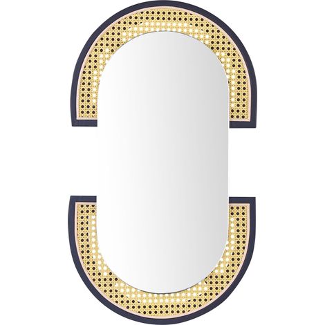 Beliani – Miroir mural ovale 53 x 75 cm en rotin clair – Bords en métal noir – Décoratif et fonctionnel pour chambre et salon
