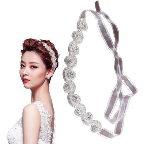 Headband - Rhinestone Beaded Satin Ribbon - Bridal Wedding Evening Prom Headwrap - 1 Piece (1/5)