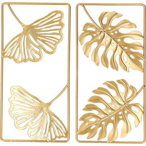 2-teiliges Wanddekor-Set aus Metall mit Ginkgoblatt-Motiv, robust, elegante Farbe, ideal für Wohnzimmer, Schlafzimmer und Büro, Gold (1/5)