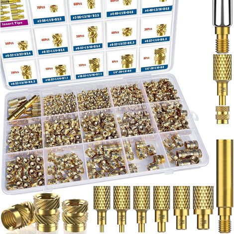 Coffret de 513 inserts filetés moletés en laiton H65, écrous thermofusibles pour moulage par injection et impression 3D, assortiment d’inserts femelles pour pièces en plastique (1/4)