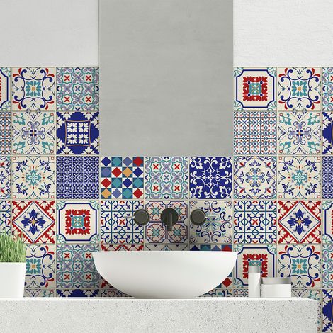 Sticker Mural Carrelage adhésif Cuisine Salle de Bain - 24 STICKERS CARREAUX DE CIMENT AZULEJOS SOFIANA - 24stickers15x15cm (1/5)