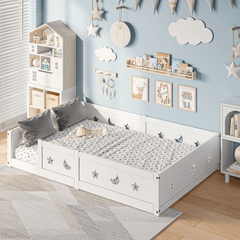 Lit simple au sol 120x200 cm, lit enfant 120x200 avec barrière de sécurité, cadre de lit Montessori en pin massif, sommier à lattes, Blanc