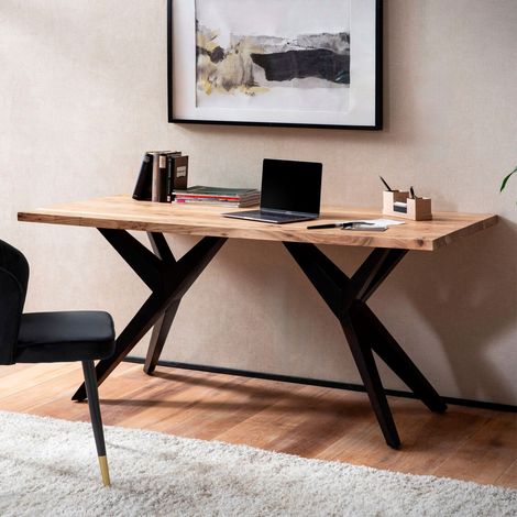 Bureau design 160x80x76 cm en acacia massif naturel et métal noir
