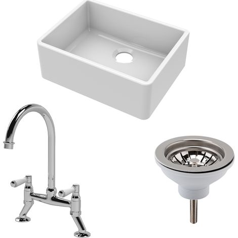 Fireclay Kitchen Bundle - 595mm Single Bowl Butler Sink with Strainer Waste & Bridge Mixer Tap in Chrome Finish by Balterley