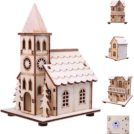 Église En Bois - Maquette De Décoration De Noël Avec Éclairage LED Intégré - Pour Scène De Village Festif - 1 Pièce (1/5)