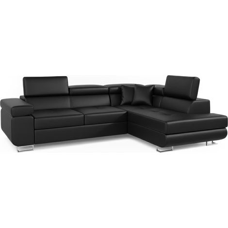 Canapé d'angle convertible Antoni avec têtières relevables Simili Noir
