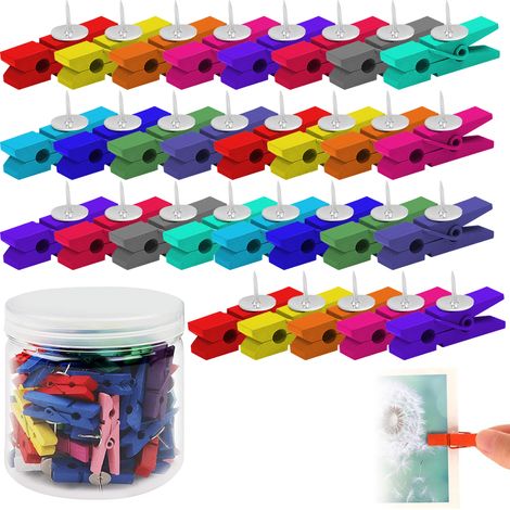 Punaises avec clips en bois (50 pièces) - Colorées - Idéales pour tableaux en liège, dessins, notes, photos et loisirs créatifs (1/4)