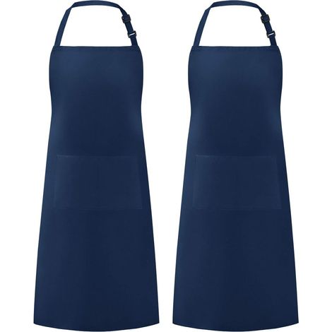 Lot de 2 tabliers de cuisine, polyester résistant à l'eau, sangle réglable, 2 poches, pour homme et femme, bleu foncé (1/5)