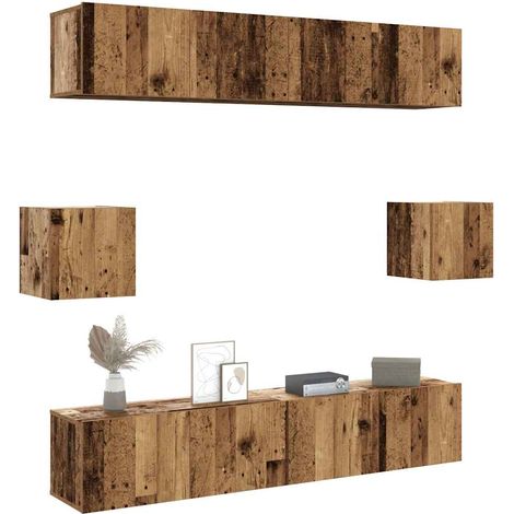 6-tlg. TV-Schrank-Set Wandmontage Altholz-Optik Holzwerkstoff
