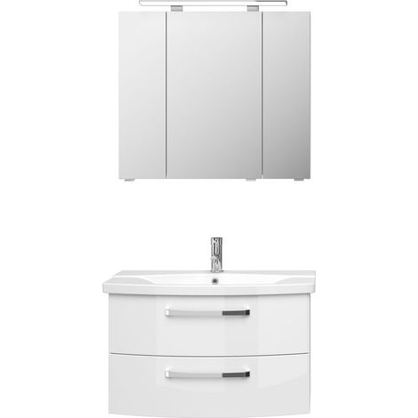 Badezimmer Waschplatz FES-4010-66 mit Waschtisch und Spiegelschrank in weiß glänzend - B/H/T: 84/175/46cm (1/5)