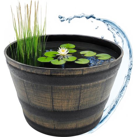 Kunststoff Blumenkübel in Eichenfass Optik braun - 44 cm - Mini Gartenteich Becken im Holz Wasserkübel Design