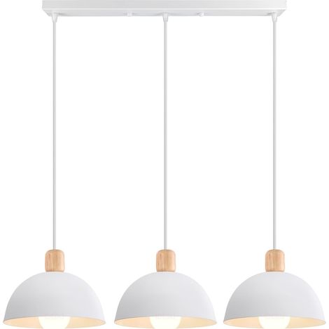 3 Lampes Suspension Luminaire Moderne 20cm Lustre Suspension Rétro Style Demi-Cercle Plafonnier Abat-jour en Bois Métal E27 Éclairage de Plafond pour Salon Salle à Manger Cuisine (Barre, Blanc) (1/5)