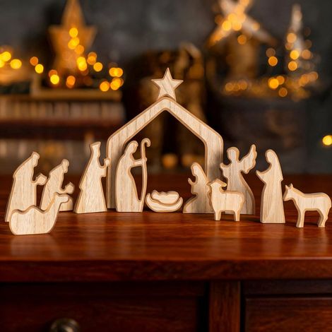 Crèche En Bois - 13 Pièces - Figurines De La Sainte Famille - Décoration De Noël Pour Intérieur - Mangeoire Miniature Pour Cheminée Ou Table - Lot Complet (1/5)