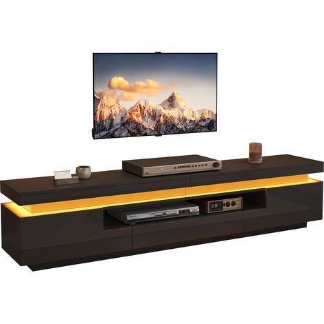 CHICFURN Meuble TV LED 175 cm noir brillant avec 2 placards, 1 tiroir et rangement semi-ouvert, support TV jusqu'à 75 pouces, lowboard de salon sur pied (1/5)