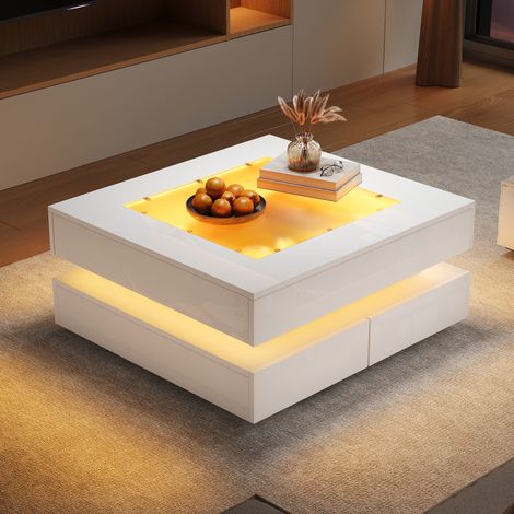 Table basse 70x70x35 cm avec plateau en verre, LED, 3 tiroirs et finition brillante blanche, idéale petits espaces (1/5)