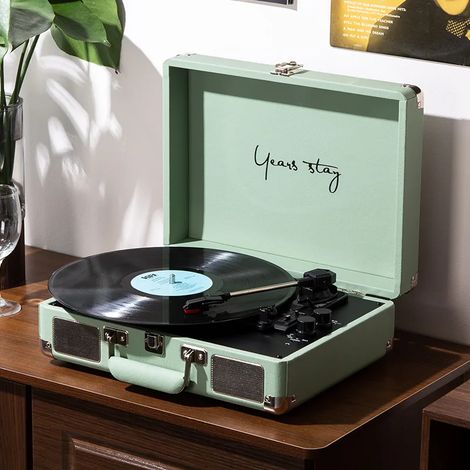 (Vert) Mini platine vinyle portable/lecteur de disques de bureau, compatible avec la lecture audio sans fil Bluetooth (1/3)