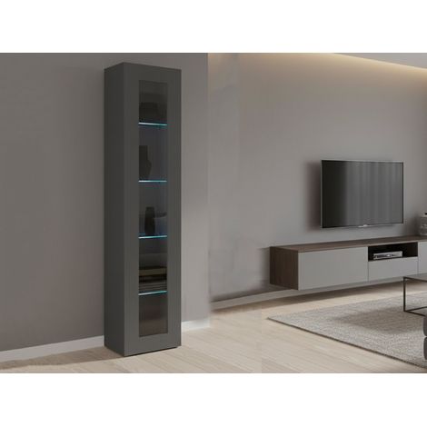 Dmora - Vetrina Arnika, Credenza a 1 anta con ripiani in vetro, Mobile da soggiorno multiuso, 100% Made in Italy, cm 40x30h180, Antracite (1/5)