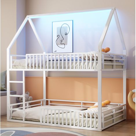lit enfant maison LED 140x200 métal blanc barrière OKMYHOME (1/5)