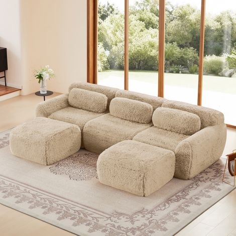 Canapé Panoramique en U 291x179x73 cm – Sofa Modulable en Velours Côtelé avec Accoudoirs Larges, Base Antidérapante et Mousse Haute Résilience – Beige