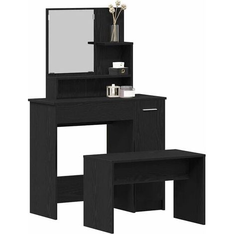 Coiffeuse avec Miroir et Tabouret, Ensemble de 2 Pièces en Bois Chêne Noir, Table de Maquillage Moderne avec Rangement, 86,5 x 35 x 136 cm (1/5)