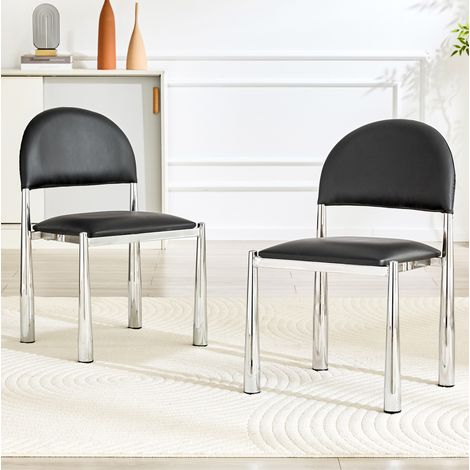 Lot de 2 chaises de salle à manger, dossier semi-circulaire, profondeur d'assise 45 cm, hauteur 80 cm, pieds en métal argent, cuir PU noir (1/5)
