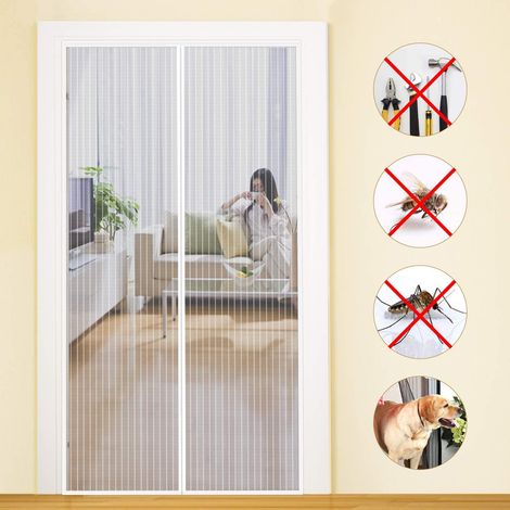 Moustiquaire Porte d’Entrée 100x210cm Fermeture Magnétique Maillage Ultra Fin Rideau Aimanté Anti Mouche Moustiquaire Porte d’Extérieur Installation Sans Perçage avec Ruban Adhésif, Blanc (1/5)