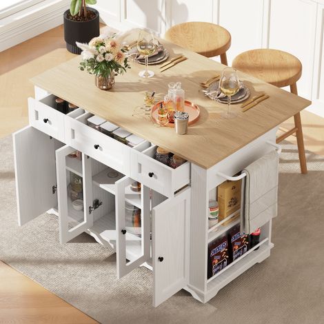 Isola Cucina 151,5x85/60x91,7 cm in MDF Bianco e Vetro Temperato, Piano Effetto Legno (1/5)