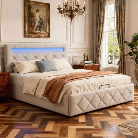 Cama 140x190 - Cama Cofre Hidráulica - Cabecera con LED - Terciopelo beige