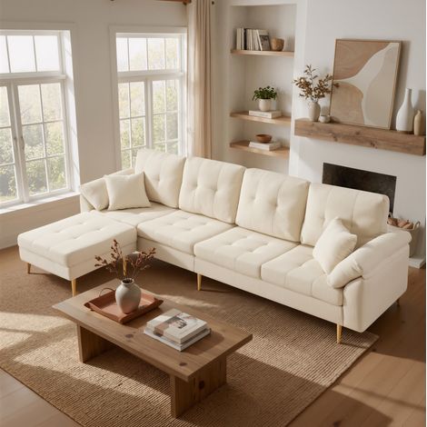 Canapé 4 places 250 cm en velours côtelé beige clair avec pouf modulable et pieds en métal (1/5)