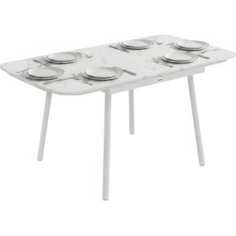 Rechteckiger Gartentisch für 4-6 Personen, weiße WPC-Tischplatte, stabiles Metallgestell, verstellbare Füße, 140x80x75 cm, ideal für die Terrasse.