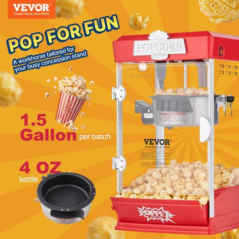 Machine à Pop Corn 480 W, Appareil à Pop-corn de Comptoir Électrique, Grand Bol de 113 g pour 5,7 L par Lot, avec Verre Trempé, 3 Cuillères, Style Cinéma, pour Fête Magasin Soirée, Rouge (1/5)
