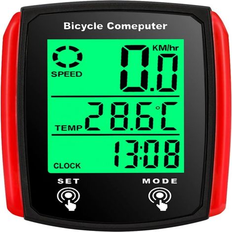 Fahrradcomputer – 19 Funktionen – IP54 wasserdichtes ABS-Gehäuse – LED-Hintergrundbeleuchtung – Kilometerzähler und Geschwindigkeitsmesser – Schwarz und Rot (1/5)