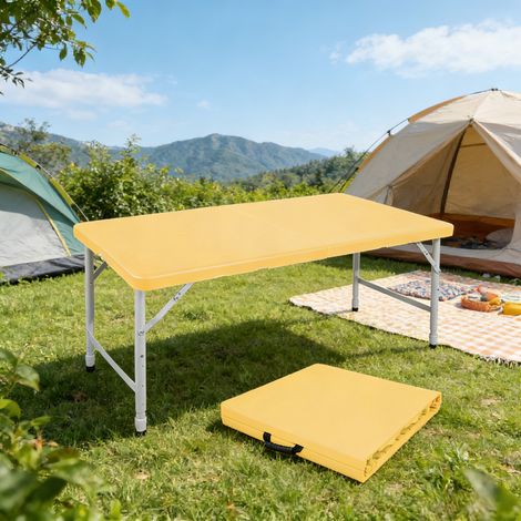 Table Pliante Portable Robuste 125 cm - Hauteur Réglable, Poignée de Transport, Charge 135 kg - Table Multifonctionnelle pour Camping, Pique-niques, Fêtes Intérieur/Extérieur (jaune clair) (1/5)