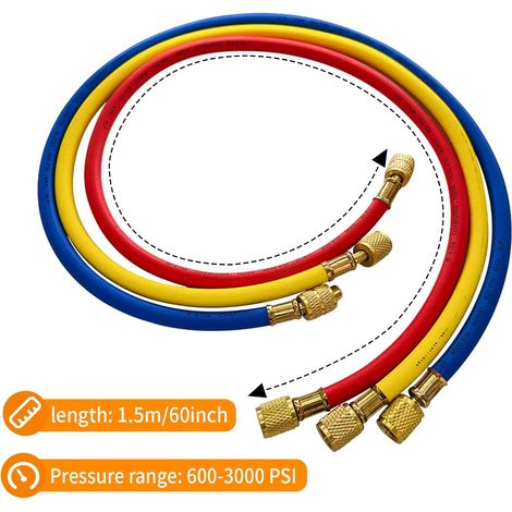 3 Pièces Set Tuyau Charge Réfrigérant pour Climatisation, 1/4 SAE Tube Tuyau Fluorure Remplissage pour R134A, 3 Couleurs Kit Outils Tuyaux Réparation Automobile, 1.5m Tube Remplissage Réfrigérant