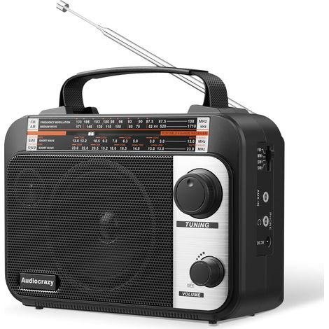 Radio Portable FM/AM/SW1-2 Radio Multibande avec Batterie Rechargeable 1800 mAh, Câble AC Ou Radio FM Portable avec Piles, Haut-parleurs, Prise Casque, Entrée AUX Noir (1/5)