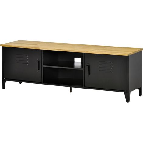 Meuble TV Banc TV pour téléviseurs de 55'' avec 2 Placards Pieds Réglables Cadre métalique noir Plateau en Bois Naturel 150 x 40 x 50 cm (1/5)