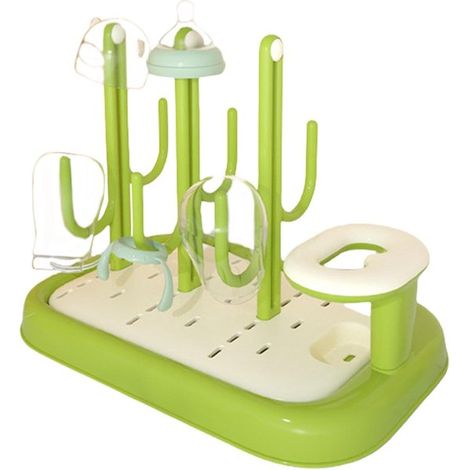 Escurridor de biberones - Organizador de biberones - Secado de artículos de alimentación - Forma de cactus - 25 x 21 x 25 cm - Verde (1/5)
