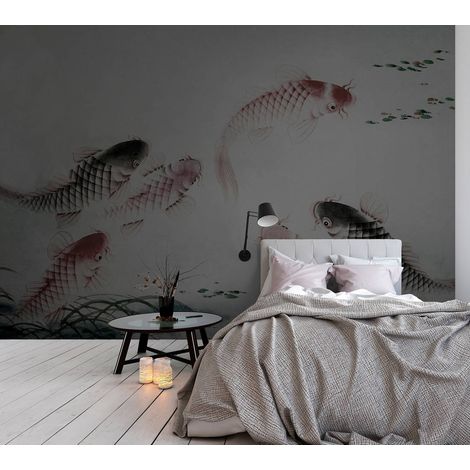 Papier peint panoramique japonais gris | Tapisserie panoramique idéale pour salle de bain | Papier peint panoramique à motifs poissons - 270 x 400 cm (4 pièces) (1/5)