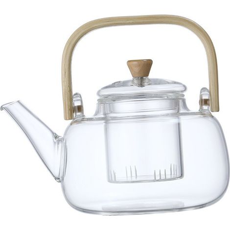 Multifunktionale Teekanne mit großem Fassungsvermögen (1000 ml) aus Borosilikatglas mit Bambusgriff. (1/5)