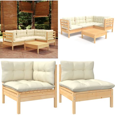 5-tlg. Garten-Lounge-Set mit Creme Kissen Kiefernholz - Gartensessel - Lounge Set - Gartenmöbel - Outdoor Möbel - Rattan Sessel - Home & Living (1/5)