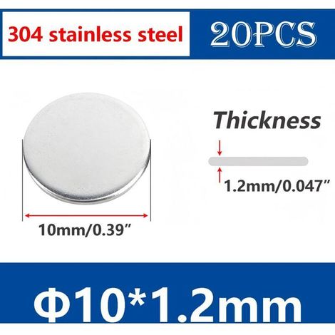 20 Stück runde Unterlegscheiben, runde Platte aus Edelstahl 304, runde Platte aus Metall, Durchmesser 10 mm, Dicke 1,2 mm (1/4)
